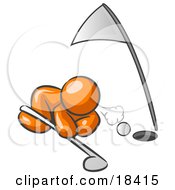 Clipart Illustration Of An Orange Man Down On The Ground Trying To Blow A Golf Ball Into The Hole