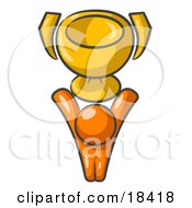Clipart Illustration Of A Successful Orange Man Holding A Golden Trophy Cup High Above His Head