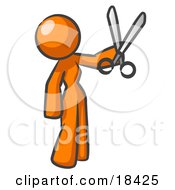 Clipart Illustration Of An Orange Woman Standing And Holing Up A Pair Of Scissors