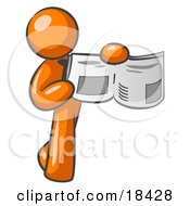Clipart Illustration Of An Orange Man Holding Up A Newspaper And Pointing To An Article