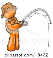 Clipart Illustration Of An Orange Man Wearing A Hat And Vest And Holding A Fishing Pole