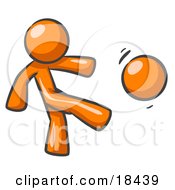 Clipart Illustration Of An Orange Man Kicking A Ball Really Hard While Playing A Game