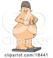 Chubby Nude White Woman Holding Her Brests And Looking Shockingly Down At The Weight Depicted On A Scale