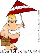 Chubby White Woman In A Red And White Bikini Carrying A Beach Umbrella And Picnic Basket At The Beach