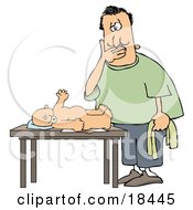 Clipart Illustration Of A Disgusted White Man A Father Holding His Mouth While Changing A Babies Diaper by djart