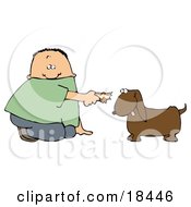 Poster, Art Print Of White Boy Kneeling To Feed A Brown Dog Human Food