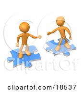 Clipart Illustration Of Two Orange People On Blue Puzzle Pieces Reaching Out For Eachother To Connect Symbolizing A Connection Link Exchange And Teamwork by 3poD #COLLC18537-0033