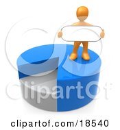 Orange Person Standing On Top Of A Blue And Gray Pie Chart And Holding A Blank Oval Sign