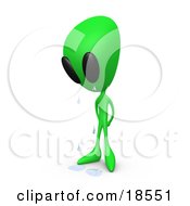 Really Sad Green Alien Crying And Standing Over A Puddle Of Tears