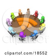 Diverse Group Of Business People Of Different Colors Including Blue Purple Light Blue Green Orange Brown Yellow And Red Seated At A Round Conference Table With An Orange Rss Symbol On It During A Business Meeting In An Office