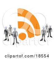 Group Of Businessmen In Matching Suits Standing By A Large Orange Rss Symbol