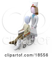 Clipart Illustration Of A White Female Nurse Figure Pushing An Injured Blue Person With A Leg Cast In A Wheelchair In A Hospital
