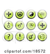 Clipart Illustration Of A Set Of Green Icon Buttons With Black And White Popular Symbols And Signs Including A Cross Peace Sign Yin Yang Etc