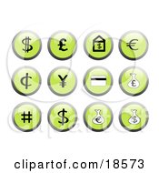 Set Of Green Financial Icon Buttons With Black And White Icons Including A Dollar Sign Euro Sign And Money Bags