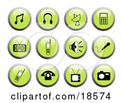 Poster, Art Print Of Set Of Green Media Icon Web Design Buttons With Black And White Icons Including Music Notes Headphones A Satellite Mp3 Player Radio Cell Phones Sound Icon Microphone Tv And Camera