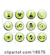 Set Of Green Buttons With Black And White Science Themed Web Design Icons Including An Hourglass Science Beaker Lightbulb Gears And Cogs The Jolly Roger Etc