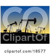 Clipart Illustration Of A Field Of Oil Derricks Or Pump Jacks Silhouetted Against The Evening Sky While At Work In Oil Fields by Rasmussen Images #COLLC18577-0030