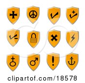Poster, Art Print Of Orange Shield Icon Set With Black Icons Of Various Popular Signs And Symbols For Web Design