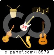 Poster, Art Print Of Set Of Drums Music Notes An Electric Guitar Violin Saxophone And Acoustic Guitar