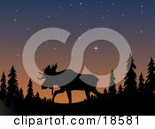 Clipart Illustration Of A Silhouetted Moose With Large Antlers Walking Through The Wilderness Under A Starry Sky At Dusk by Rasmussen Images #COLLC18581-0030