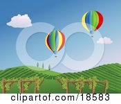 Two Colorful Hot Air Balloons Drifting Over Grape Vines On A Hilly Vineyard Landscape In Napa