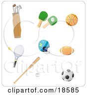 Set Of Athletic Gear Including Golf Clubs Ping Pong Paddles A Basketball Tennis Racket Helmet Football Baseball And Bat And Soccer Ball