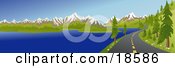 Clipart Illustration Of A Curving Mountain Road Meandering Along A Lake Shore And Heading Twoards Snow Capped Mountains In The Summertime by Rasmussen Images