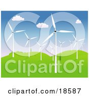 Clipart Illustration Of A Group Of Modern Wind Turbines Or Windmills On A Hilly Landscape by Rasmussen Images #COLLC18587-0030