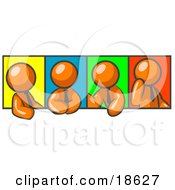 Four Orange Men In Different Poses Against Colorful Backgrounds Perhaps During A Meeting