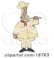 Clipart Illustration Of A Mexican Male Chef Preparing To Taste Food From A Spoon