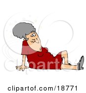 Gray Haired Lady In A Red Dress Seeing Stars And Sitting On The Floor After Taking A Nasty Fall And Injuring Herself At The Office