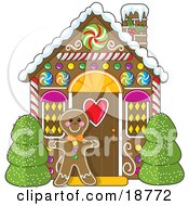 Poster, Art Print Of Gingerbread Cookie Man Standing Between Bushes In Front Of A Christmas Gingerbread House
