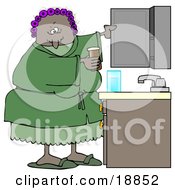Poster, Art Print Of Black Woman With Her Hair In Purple Curlers Wearing A Green Robe And Pjs Putting Medicine Back In The Cabinet In Her Bathroom