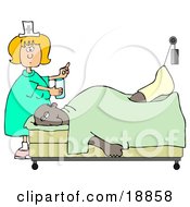 Clipart Illustration Of A Female Caucasian Nurse In A Green Dress Holding A Glass Of Water And A Pill For An Injured African American Patient With His Foot Up In A Traction by djart