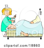 Female Caucasian Nurse In A Green Dress Holding A Glass Of Water And A Pill For An Injured Caucasian Patient With His Foot Up In A Traction