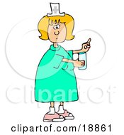 Female Caucasian Nurse In A Green Dress Holding A Glass Of Water And A Pill For A Patient In A Hospital