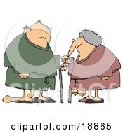 Saggy Old Caucasian Couple Wearing Robes Using Canes