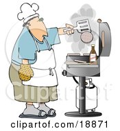 Clipart Illustration Of A Caucasian Man Cooking Hamburger Patties On A Gas Grill At A Barbecue Party