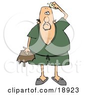 Poster, Art Print Of Caucasian Man Wearing A Green Robe And Slippers Applying Hairpiece Glue On Top Of His Bald Head To Make His Toupee Stay