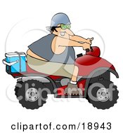 Adventurous White Man Riding A Red Atv With An Ice Box On The Back