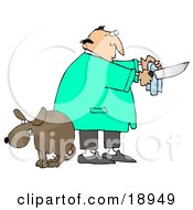 Poster, Art Print Of Scared Dog With Balls Cowering With Its Legs Between Its Tail As A Male Veterinarian Prepares The Tools For A Neuter Surgery