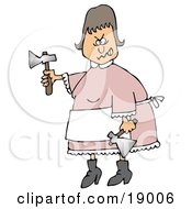 Clipart Illustration Of Mad Lizzie Borden Wearing An Apron Over A Pink Dress Waving Hatchets In The Air And Clenching Her Teeth