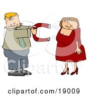 Clipart Illustration Of A Desperate Man In Need Of Love Holding A Chick Magnet Out To Attract A Beautiful Woman In A Red Dress