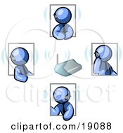 Group Of Four Blue Men Holding A Phone Meeting And Wearing Wireless Bluetooth Headsets