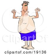 Clipart Picture Of A Dorky And Chubby Middle Aged White Man In Blue Swimming Shorts Flexing His Muscles And Showing Off The Tan Lines From His Farmers Tan While Hanging Out On The Beach On Summer Vacation