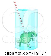 Poster, Art Print Of Silly Green Dinosaur Holding Its Breath While Swimming Around A Straw In A Tall Glass Of Water