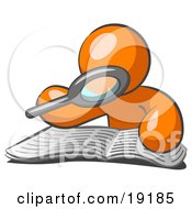 Clipart Illustration Of An Orange Man Character Using A Magnifying Glass To Examine The Facts In The Daily Newspaper