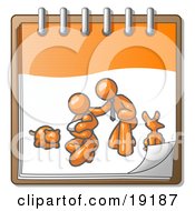 Clipart Illustration Of An Orange Family Showing A Man Kneeling Beside His Wife And Newborn Baby With Their Dog And Cat On A Notebook Symbolizing Family Planning by Leo Blanchette