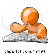 Clipart Illustration Of An Orange Man Character Seated And Reading The Daily Newspaper To Brush Up On Current Events by Leo Blanchette