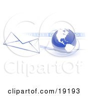 Blue Blue Globe With White American Continents Against A Numeric Binary Code Bar And A Speeding Envelope Passing By With A Blue Trail Symbolizing Email And Internet Communications
